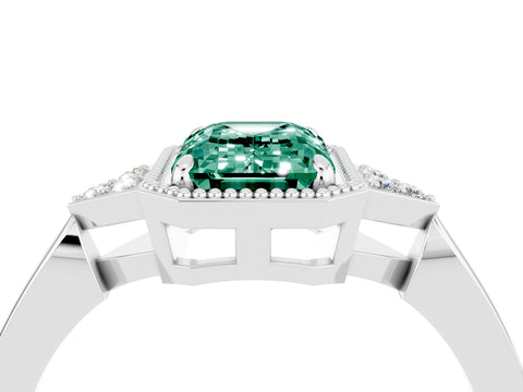 White gold Emerald Cut Green Sapphire Halo Ring with Tapered Band and Four-Prong Setting_4