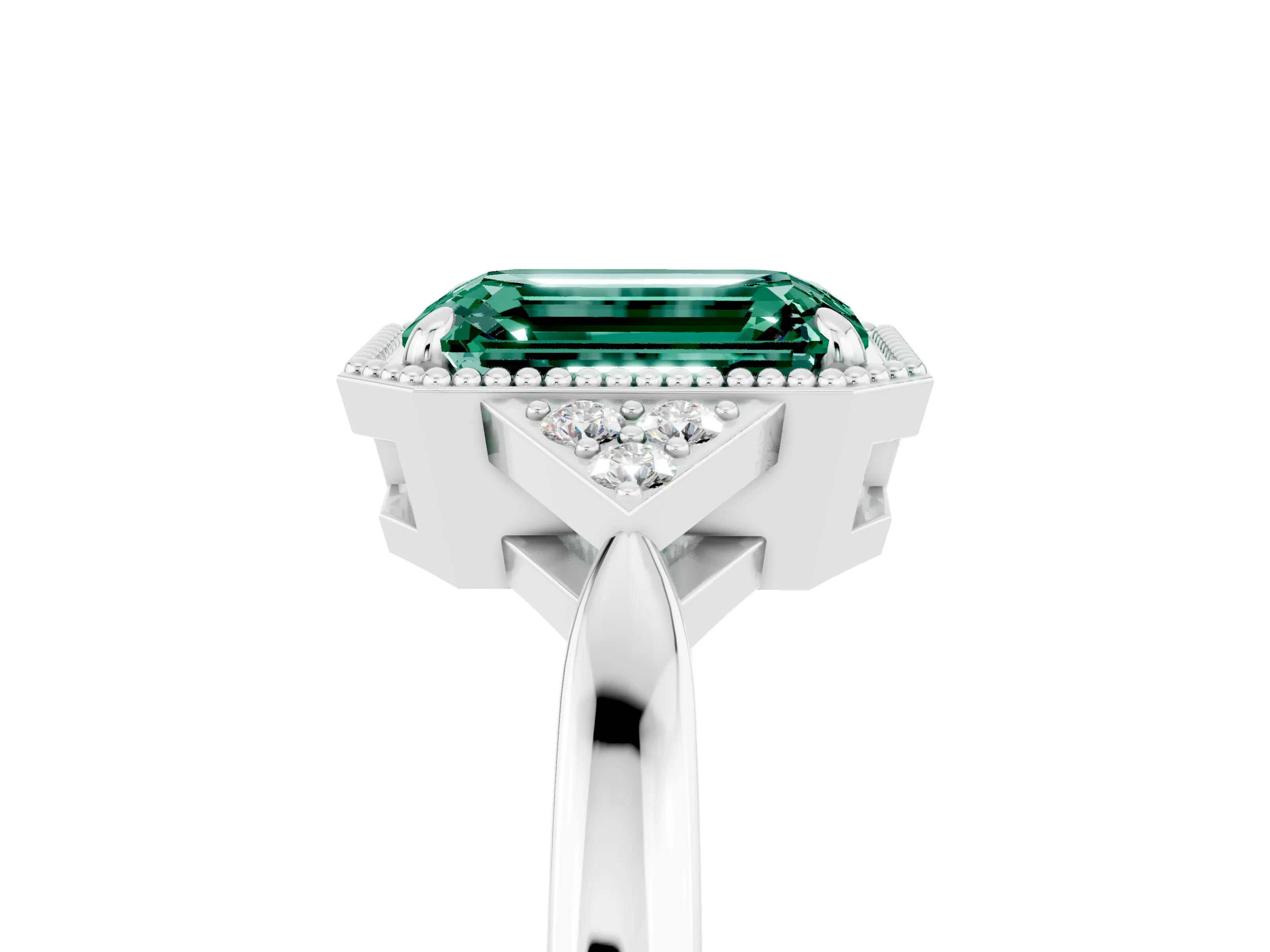 White gold Emerald Cut Green Sapphire Halo Ring with Tapered Band and Four-Prong Setting_5