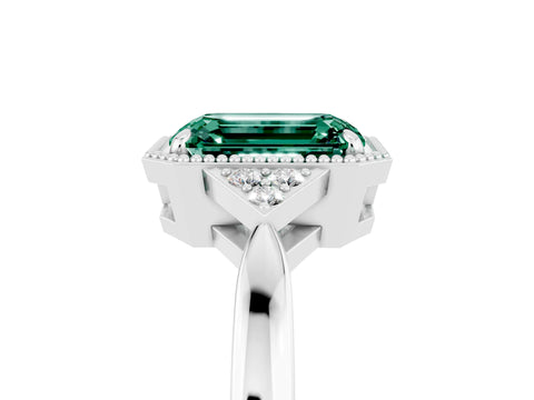White gold Emerald Cut Green Sapphire Halo Ring with Tapered Band and Four-Prong Setting_5