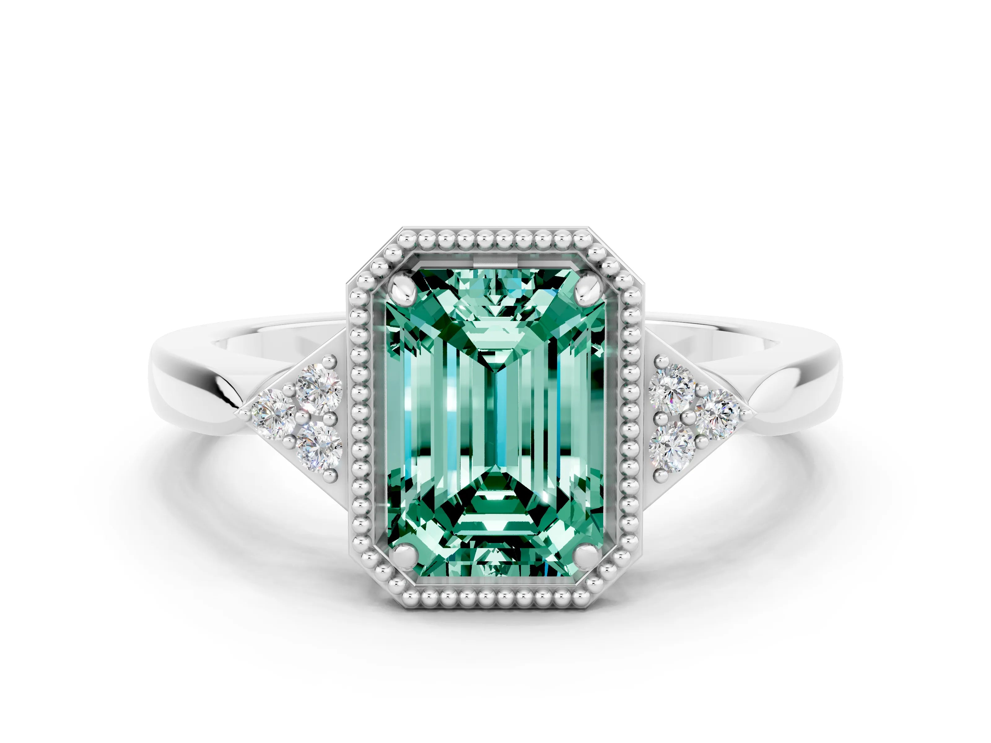 White gold Emerald Cut Green Sapphire Halo Ring with Tapered Band and Four-Prong Setting