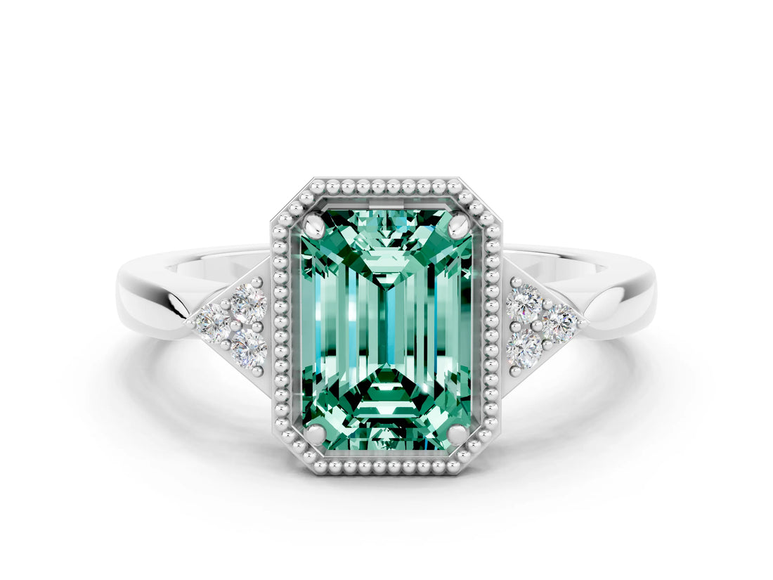White gold Emerald Cut Green Sapphire Halo Ring with Tapered Band and Four-Prong Setting