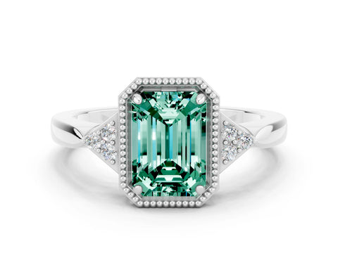 White gold Emerald Cut Green Sapphire Halo Ring with Tapered Band and Four-Prong Setting