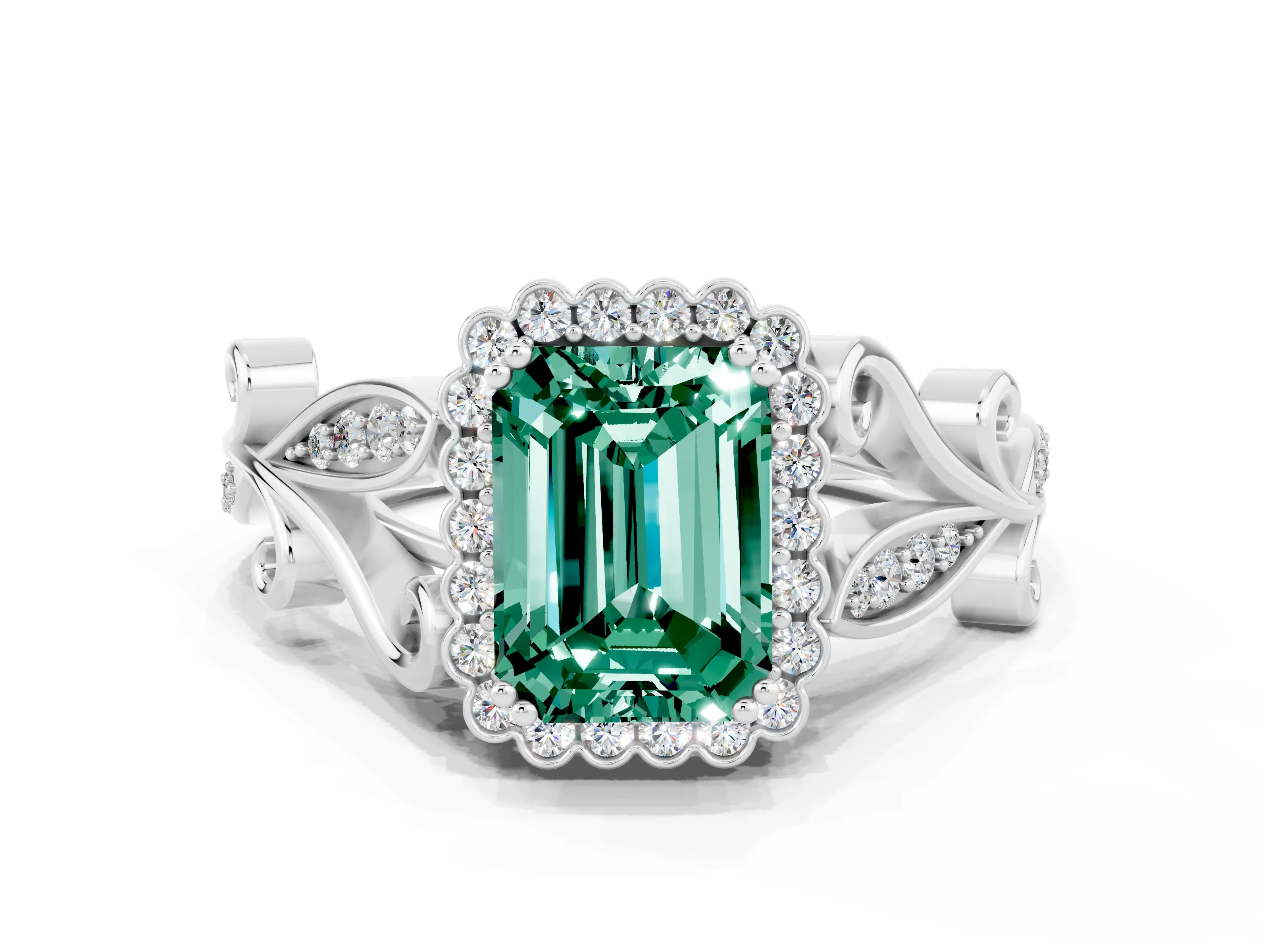 White gold Emerald Cut Green Sapphire Halo Ring with Vintage Split Shank and Four-Prong Setting_24