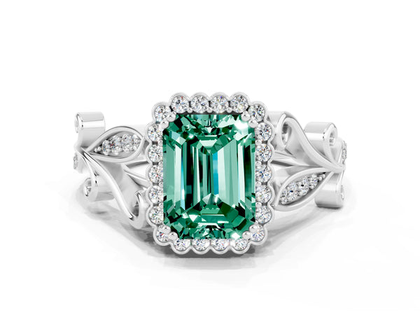 White gold Emerald Cut Green Sapphire Halo Ring with Vintage Split Shank and Four-Prong Setting