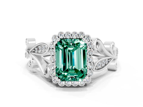 White gold Emerald Cut Green Sapphire Halo Ring with Vintage Split Shank and Four-Prong Setting_24