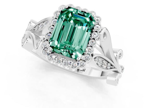 Silver Emerald Cut Green Sapphire Halo Ring with Vintage Split Shank and Four-Prong Setting