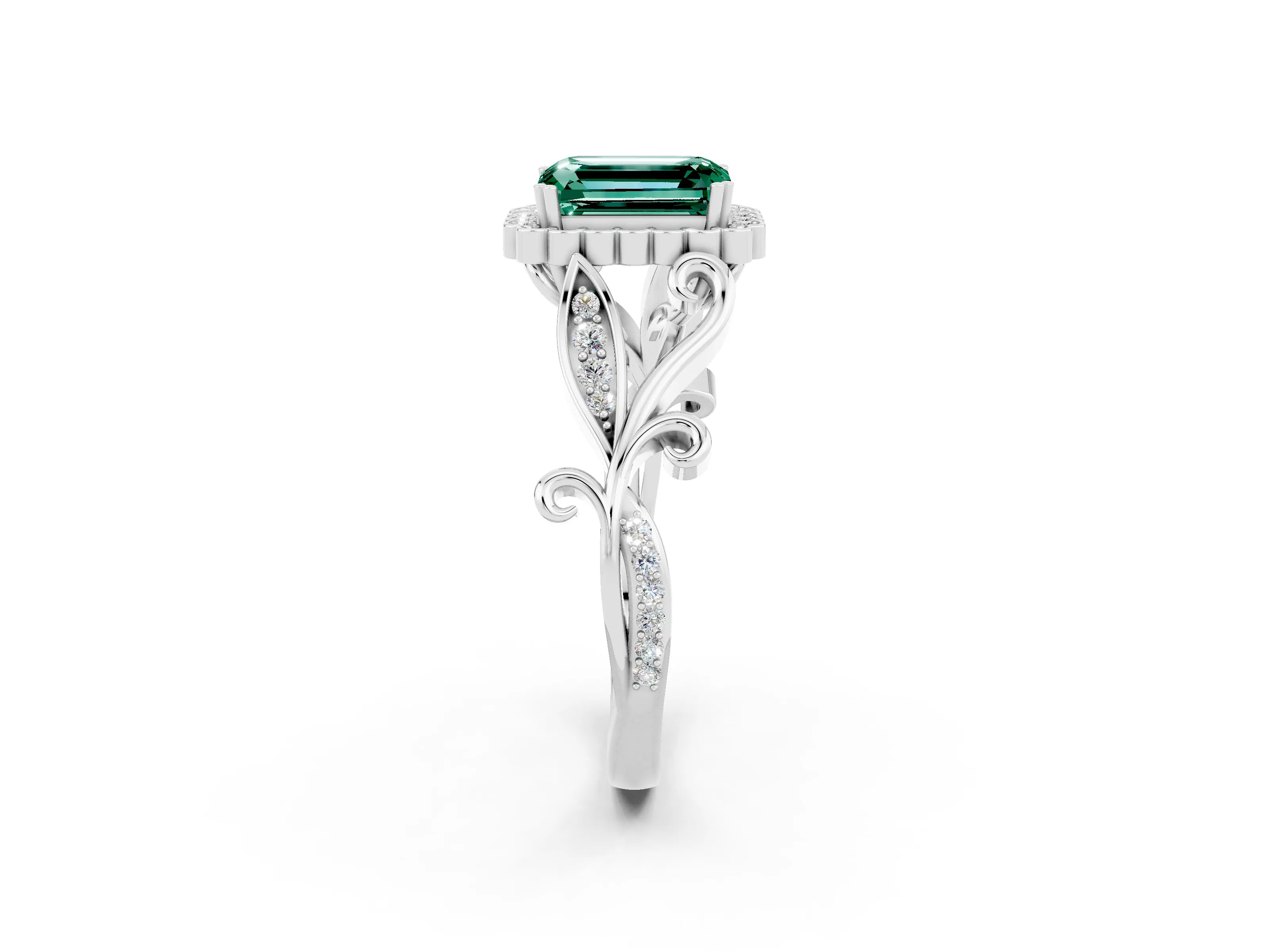 White gold Emerald Cut Green Sapphire Halo Ring with Vintage Split Shank and Four-Prong Setting_26
