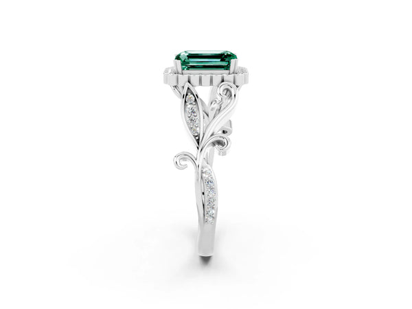 White gold Emerald Cut Green Sapphire Halo Ring with Vintage Split Shank and Four-Prong Setting