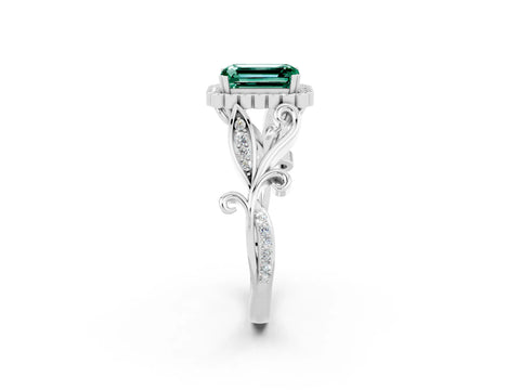 White gold Emerald Cut Green Sapphire Halo Ring with Vintage Split Shank and Four-Prong Setting_26
