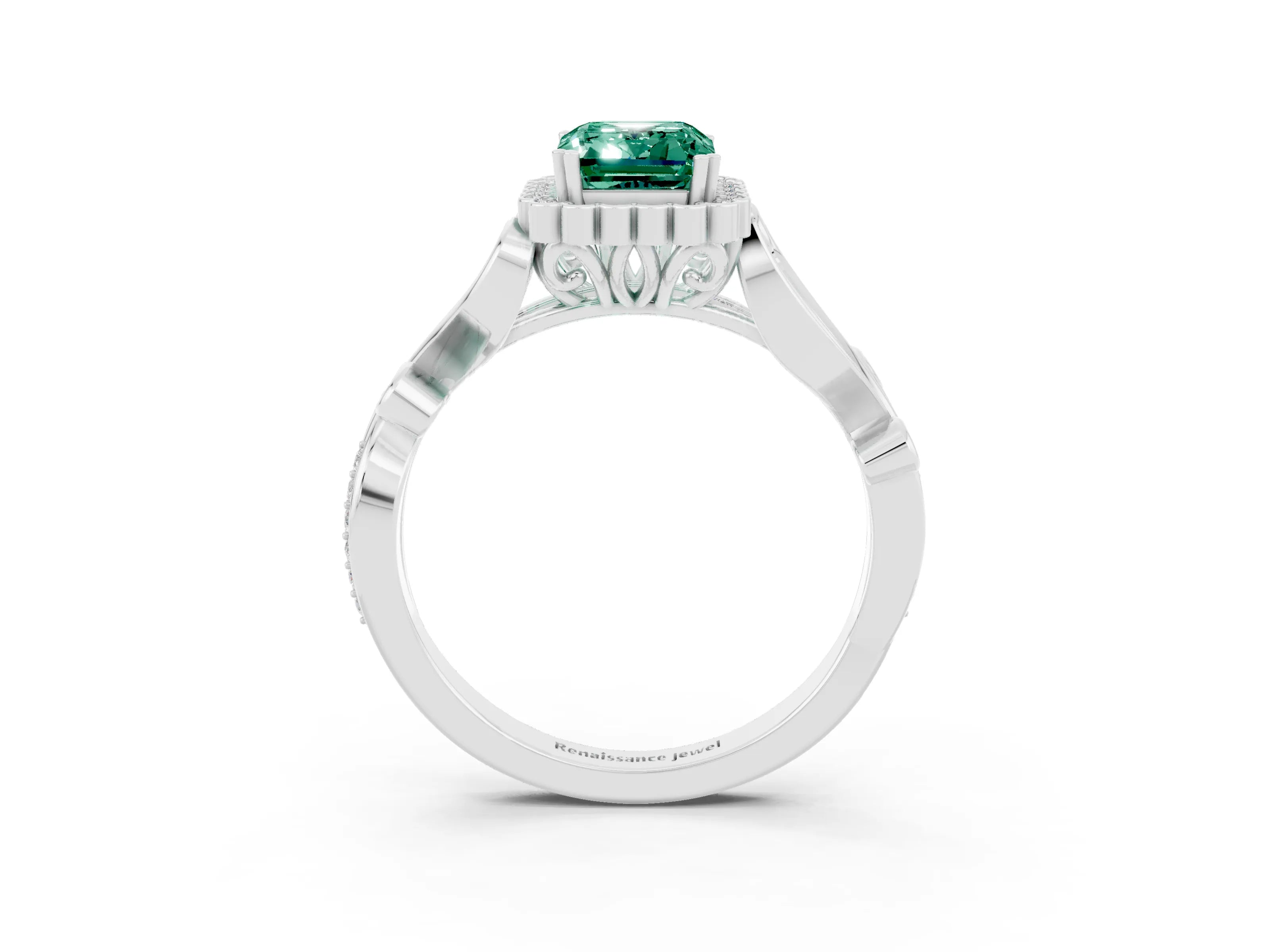 White gold Emerald Cut Green Sapphire Halo Ring with Vintage Split Shank and Four-Prong Setting_27