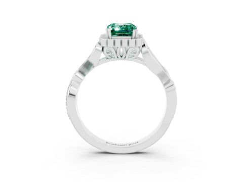 White gold Emerald Cut Green Sapphire Halo Ring with Vintage Split Shank and Four-Prong Setting_27