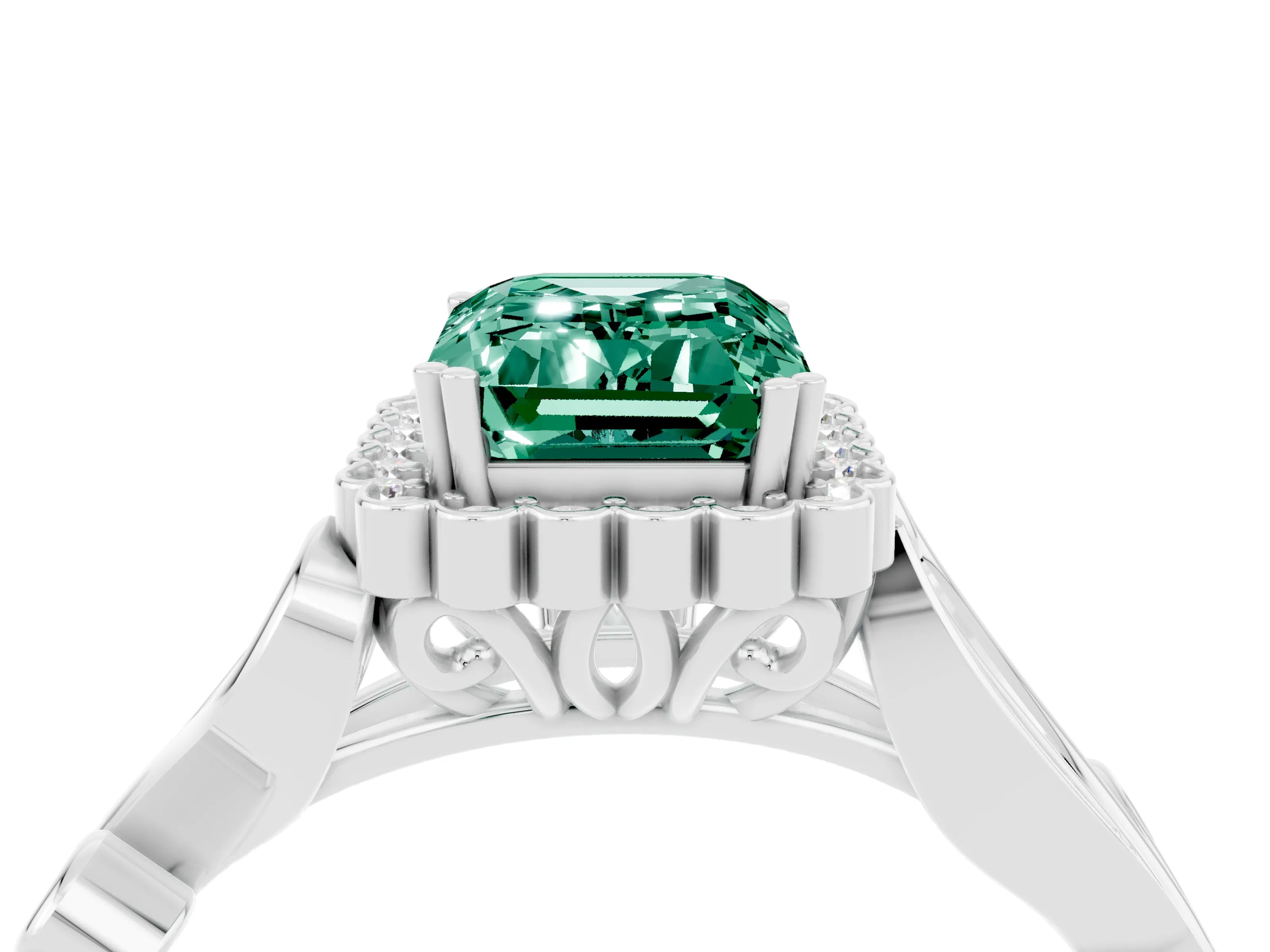 White gold Emerald Cut Green Sapphire Halo Ring with Vintage Split Shank and Four-Prong Setting_28