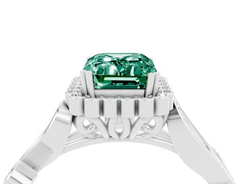 White gold Emerald Cut Green Sapphire Halo Ring with Vintage Split Shank and Four-Prong Setting_28