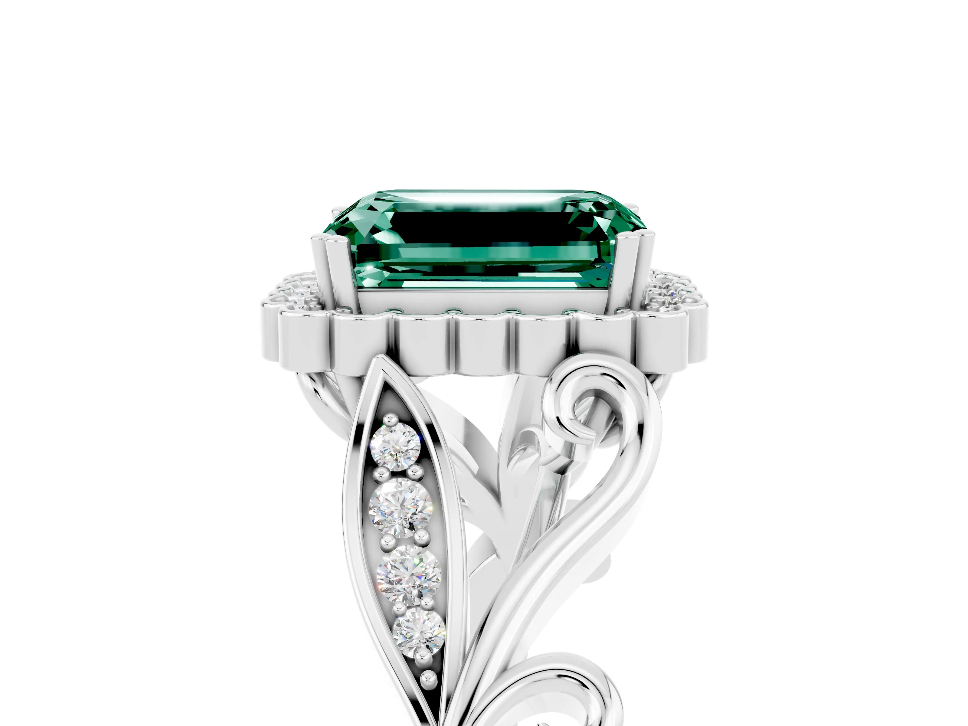White gold Emerald Cut Green Sapphire Halo Ring with Vintage Split Shank and Four-Prong Setting_29
