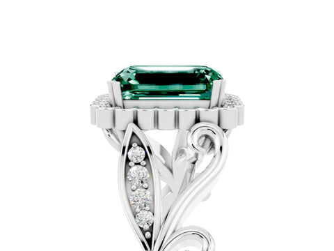 White gold Emerald Cut Green Sapphire Halo Ring with Vintage Split Shank and Four-Prong Setting_29