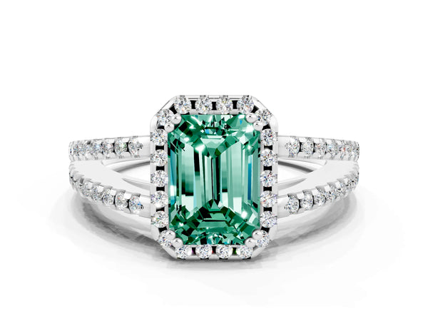 Platinum Emerald Cut Green Sapphire Halo Split Shank Engagement Ring