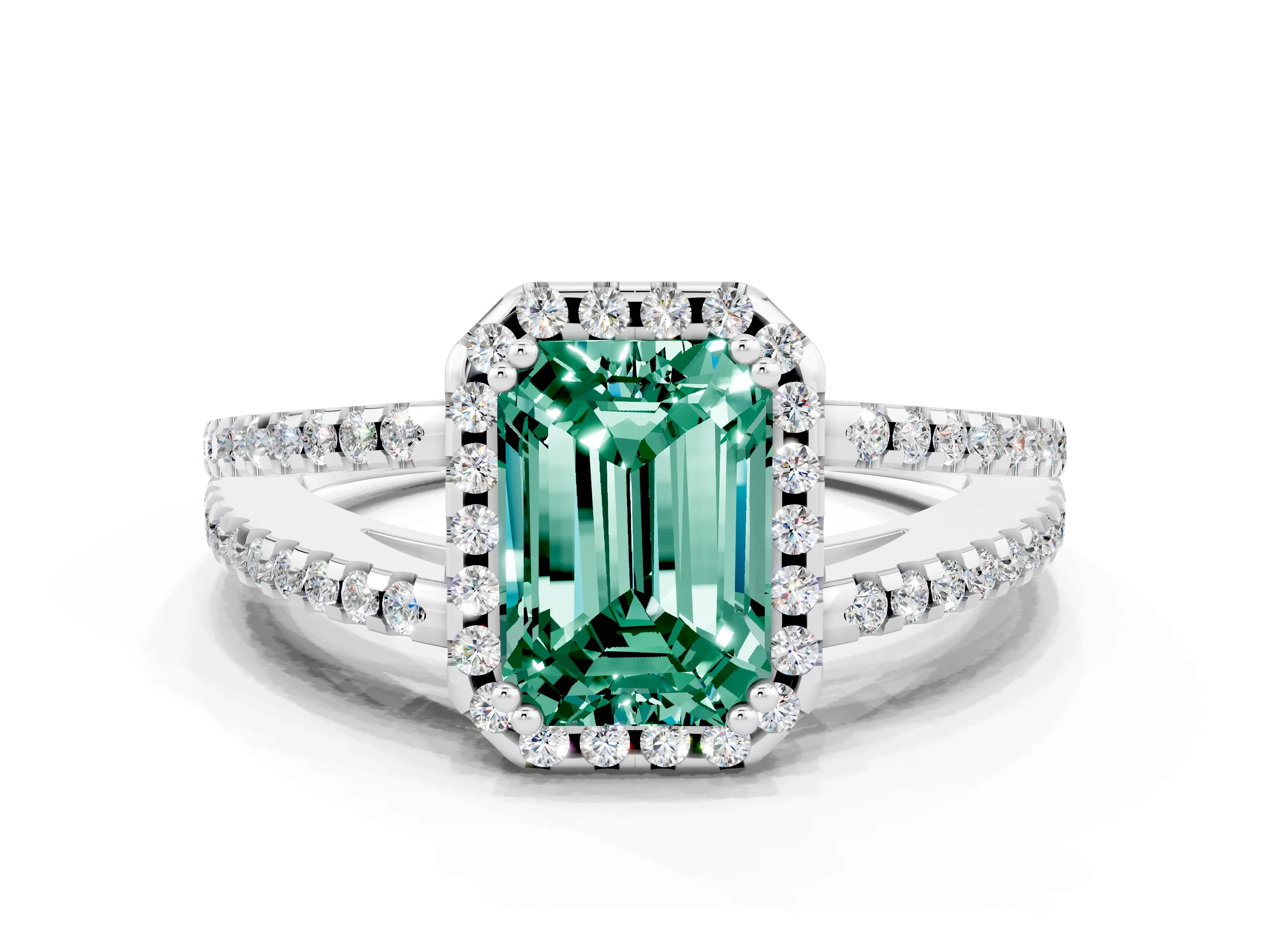 White gold Emerald Cut Green Sapphire Halo Split Shank Engagement Ring_12