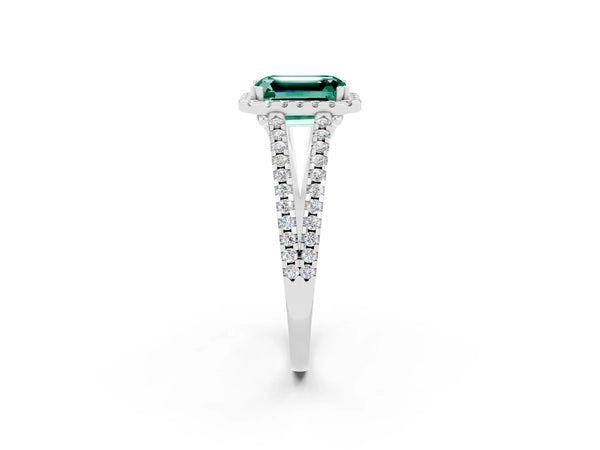 Platinum Emerald Cut Green Sapphire Halo Split Shank Engagement Ring