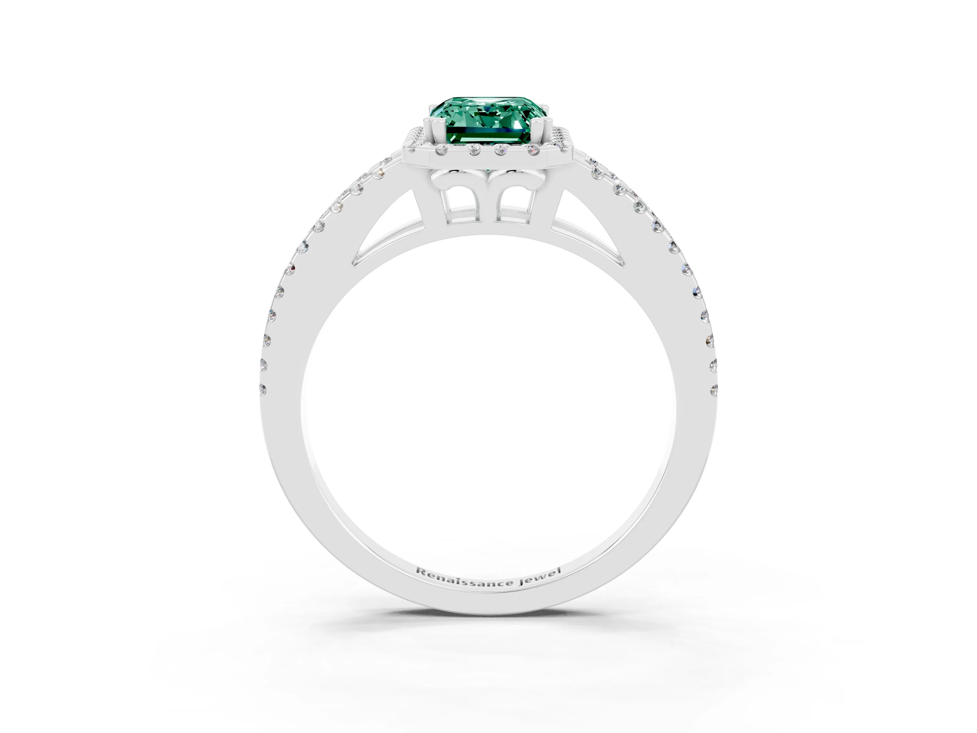 White gold Emerald Cut Green Sapphire Halo Split Shank Engagement Ring_15