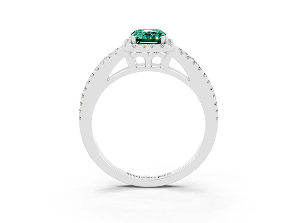 Platinum Emerald Cut Green Sapphire Halo Split Shank Engagement Ring