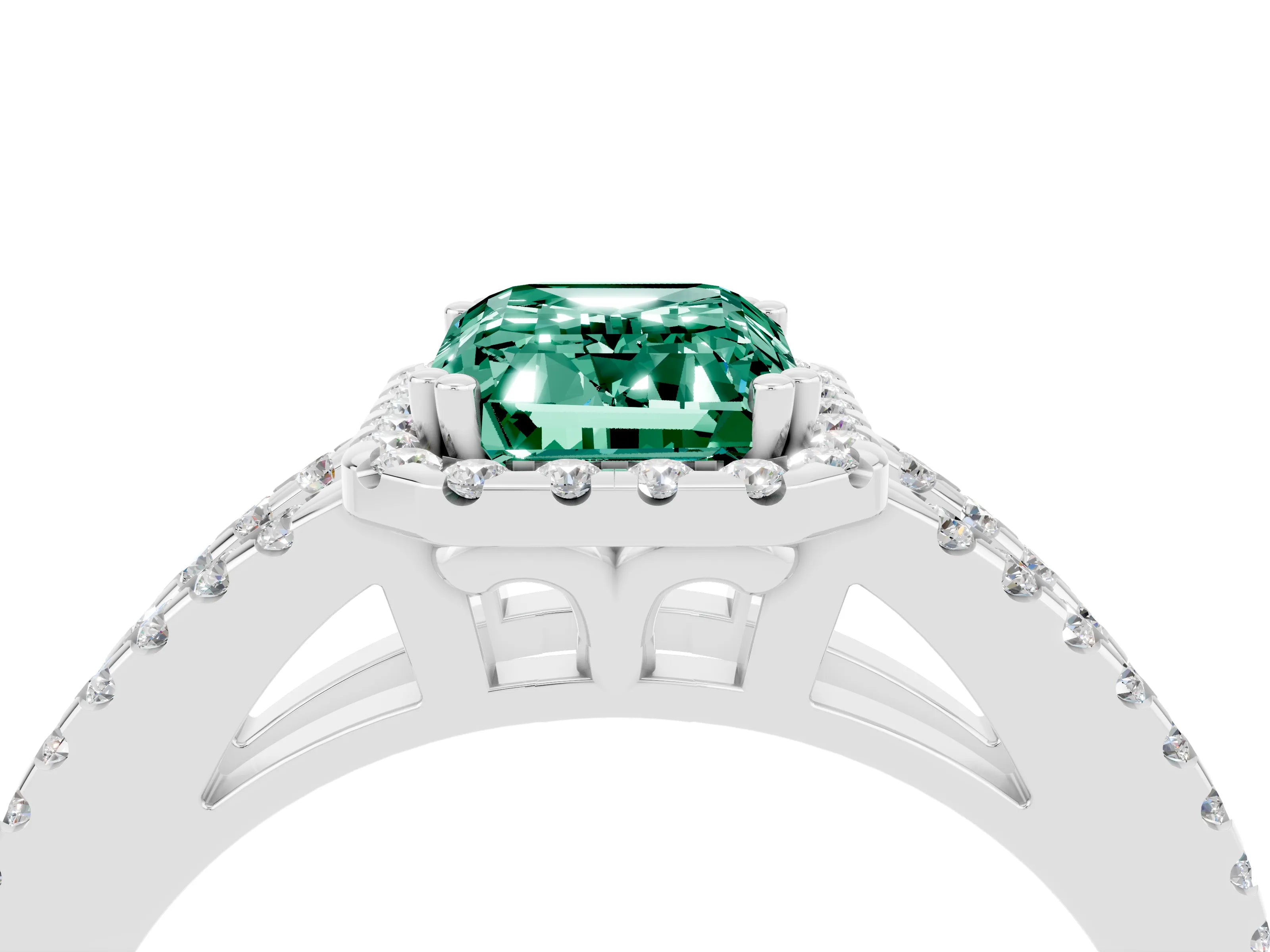 White gold Emerald Cut Green Sapphire Halo Split Shank Engagement Ring_16