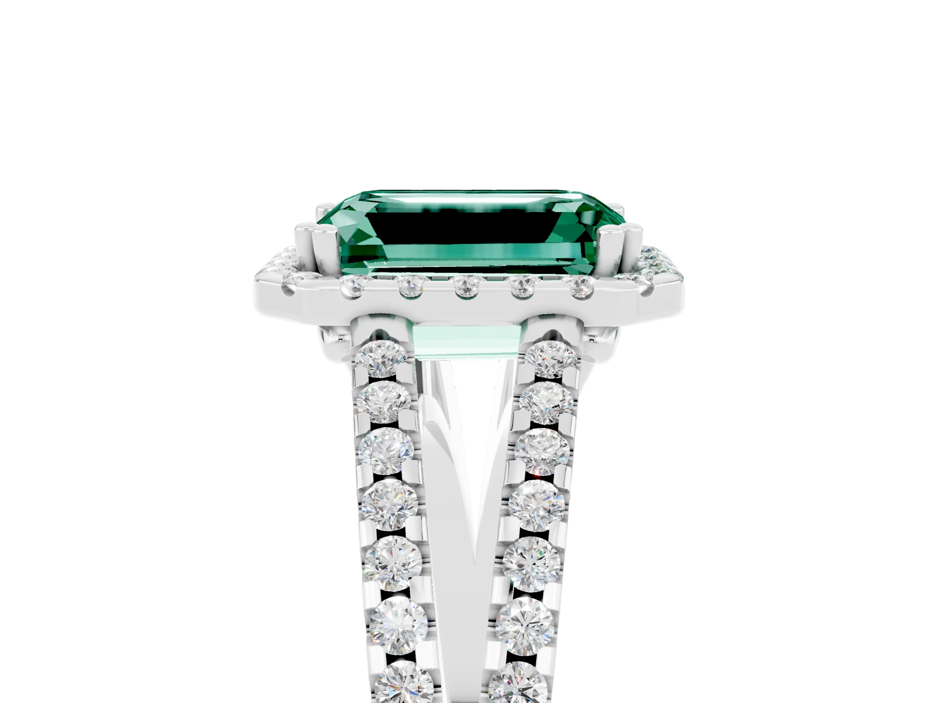 White gold Emerald Cut Green Sapphire Halo Split Shank Engagement Ring_17