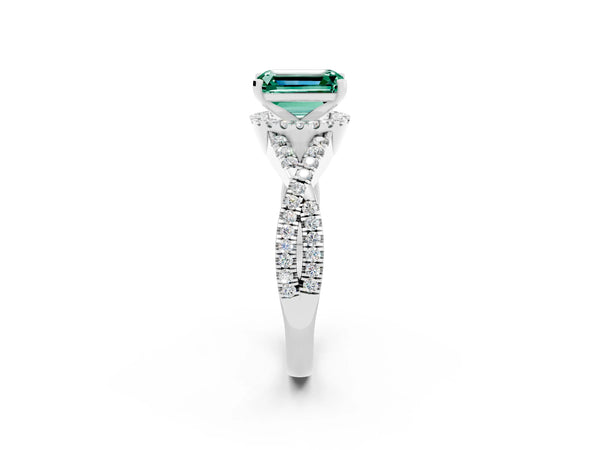Platinum Emerald Cut Green Sapphire  Halo Twist Band Solitaire Prong Setting Ring