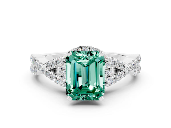 White gold Emerald Cut Green Sapphire  Halo Twist Band Solitaire Prong Setting Ring