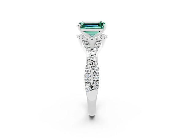 White gold Emerald Cut Green Sapphire  Halo Twist Band Solitaire Prong Setting Ring