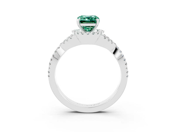 White gold Emerald Cut Green Sapphire  Halo Twist Band Solitaire Prong Setting Ring