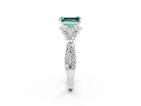 White gold Emerald Cut Green Sapphire Halo Twist Band Solitaire Prong Setting Ring_2