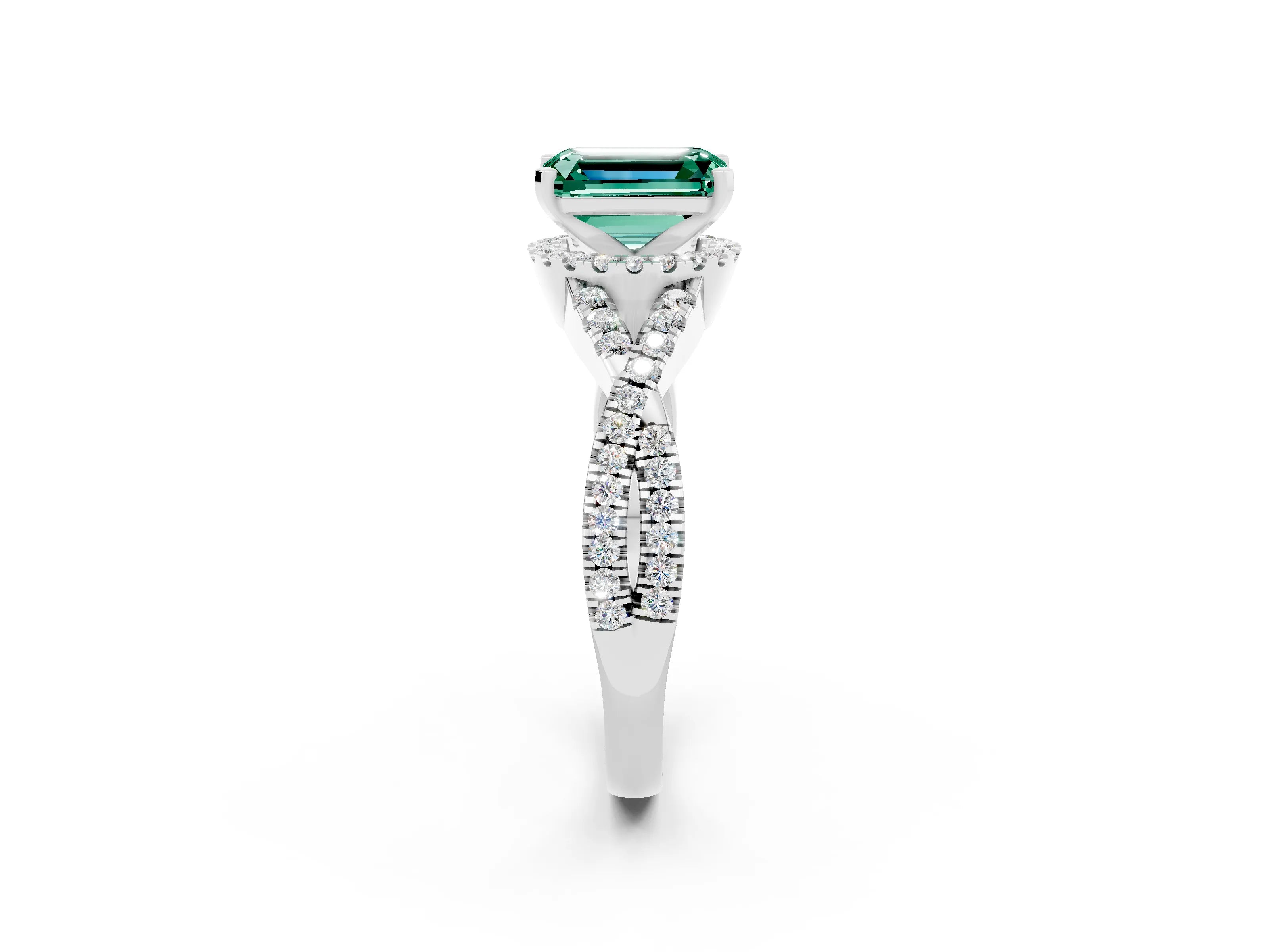 White gold Emerald Cut Green Sapphire Halo Twist Band Solitaire Prong Setting Ring_2