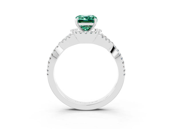Platinum Emerald Cut Green Sapphire  Halo Twist Band Solitaire Prong Setting Ring