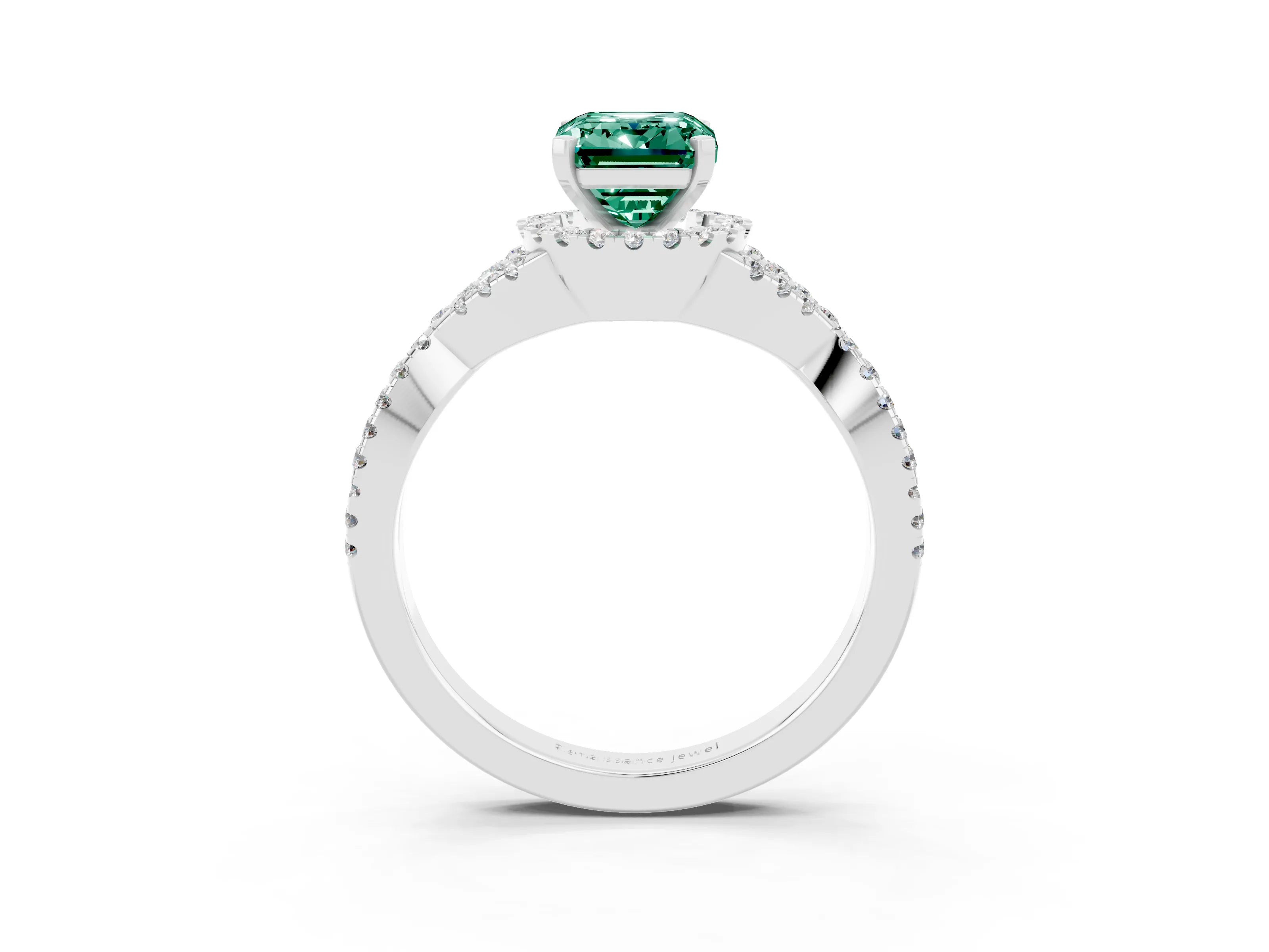 White gold Emerald Cut Green Sapphire Halo Twist Band Solitaire Prong Setting Ring_3