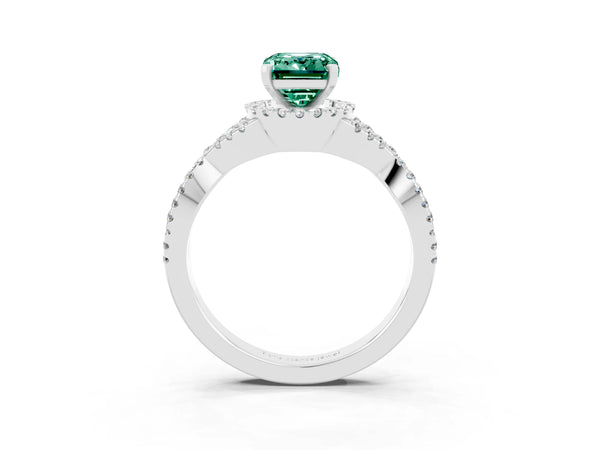 White gold Emerald Cut Green Sapphire  Halo Twist Band Solitaire Prong Setting Ring