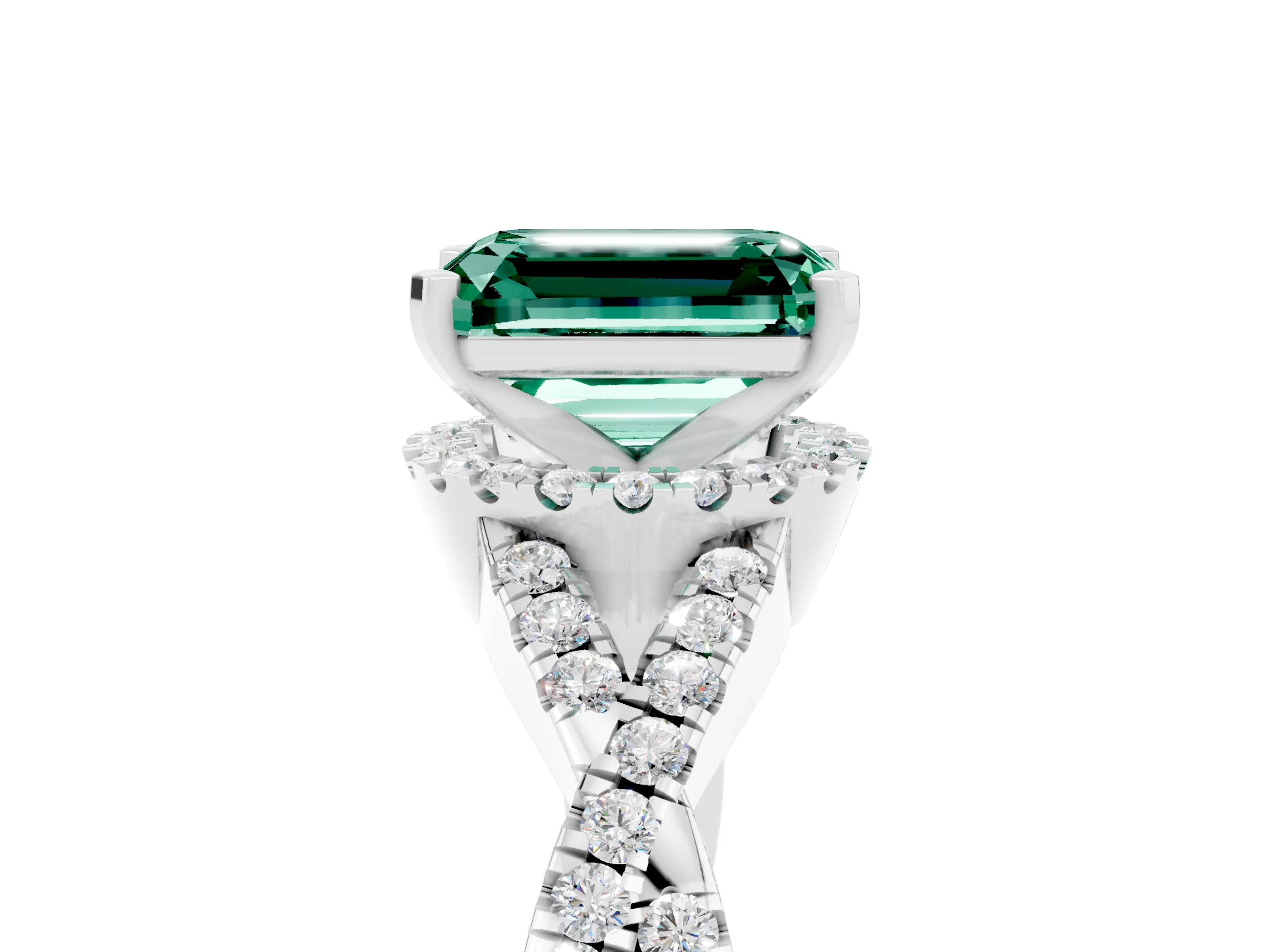 White gold Emerald Cut Green Sapphire Halo Twist Band Solitaire Prong Setting Ring_5