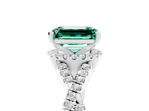 White gold Emerald Cut Green Sapphire Halo Twist Band Solitaire Prong Setting Ring_5