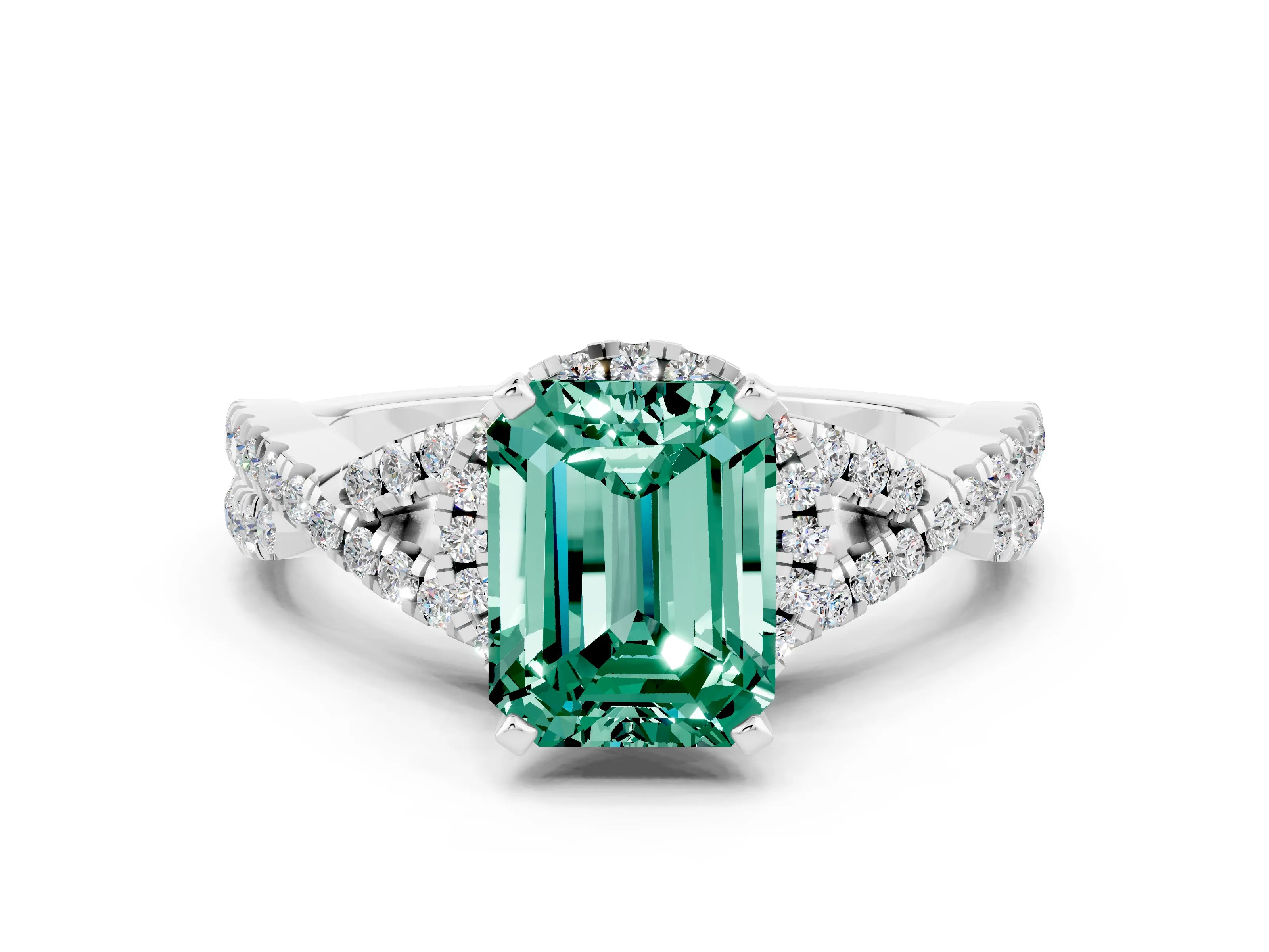 White gold Emerald Cut Green Sapphire Halo Twist Band Solitaire Prong Setting Ring