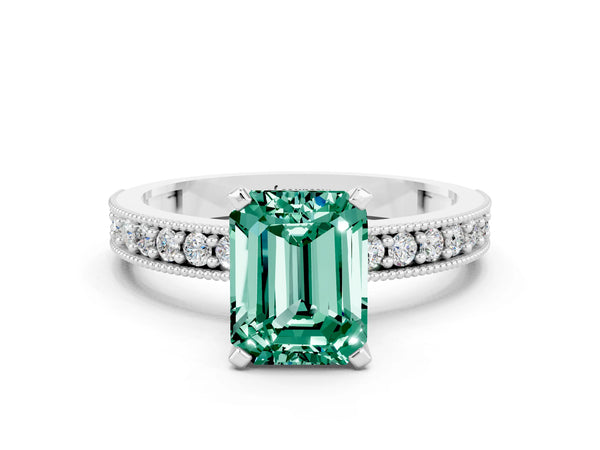 Silver Emerald Cut Green Sapphire Milgrain Pavé Engagement Ring with Four-Prong Setting