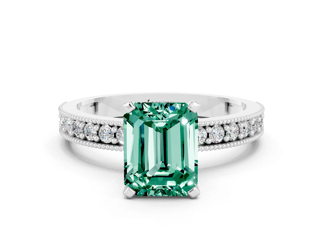 White gold Emerald Cut Green Sapphire Milgrain Pavé Engagement Ring with Four-Prong Setting_12