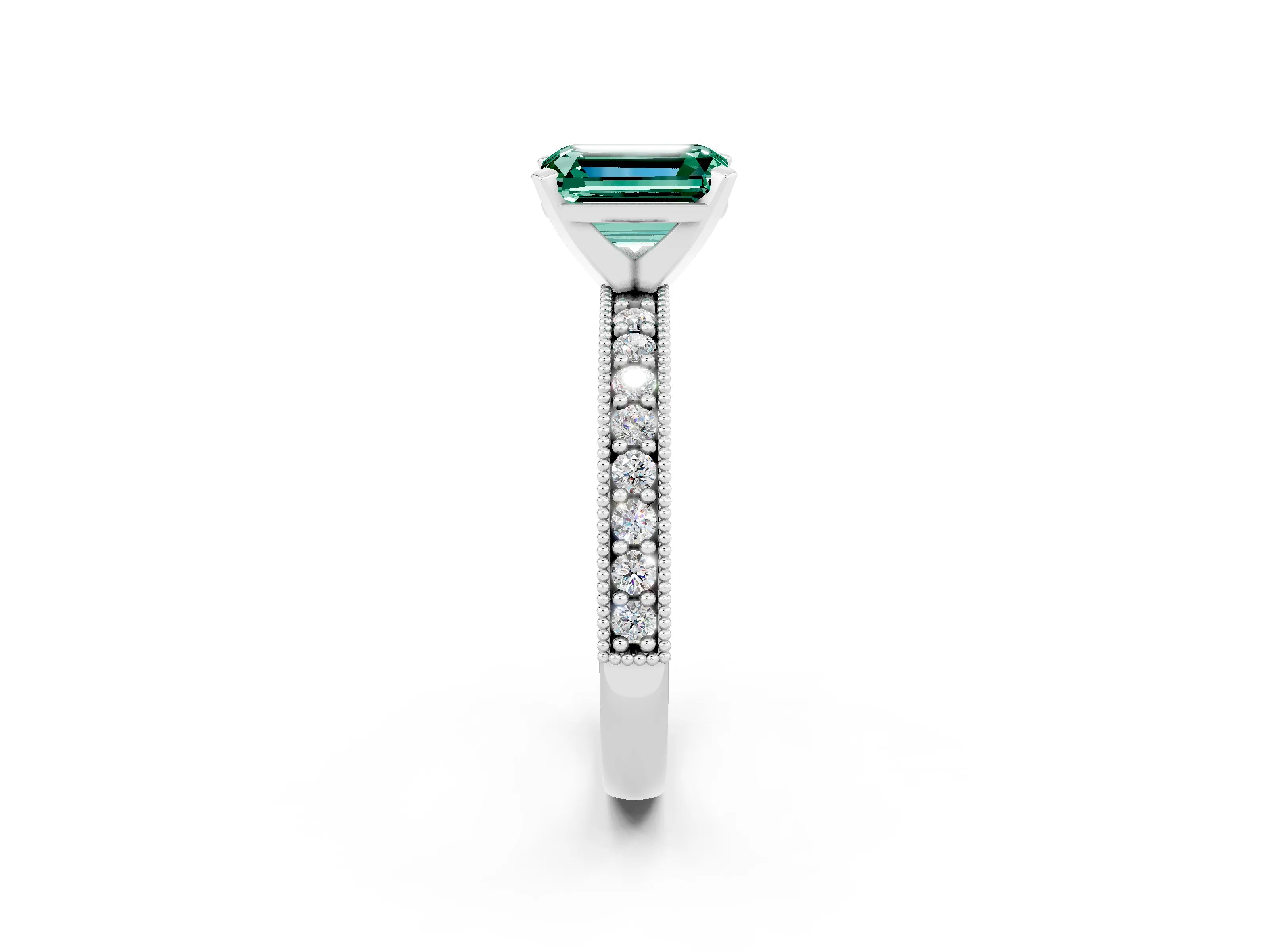 White gold Emerald Cut Green Sapphire Milgrain Pavé Engagement Ring with Four-Prong Setting_14
