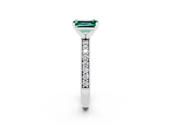 Silver Emerald Cut Green Sapphire Milgrain Pavé Engagement Ring with Four-Prong Setting