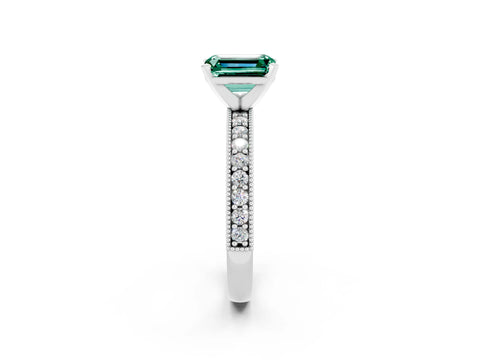 White gold Emerald Cut Green Sapphire Milgrain Pavé Engagement Ring with Four-Prong Setting_14