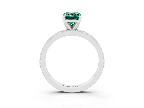 White gold Emerald Cut Green Sapphire Milgrain Pavé Engagement Ring with Four-Prong Setting