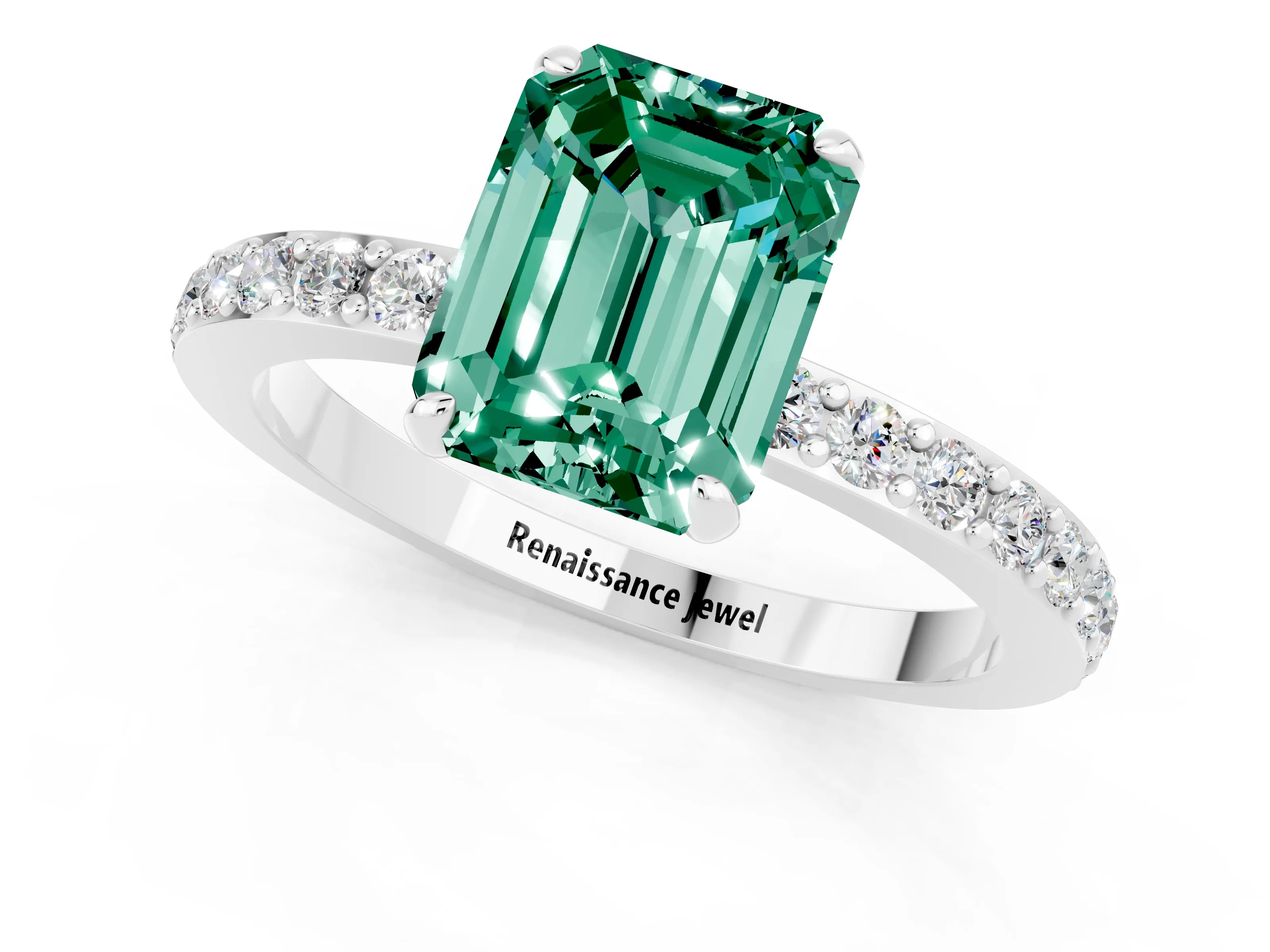 White gold Emerald Cut Green Sapphire Pavé Engagement Ring with Round  Accents and Prong Setting_25