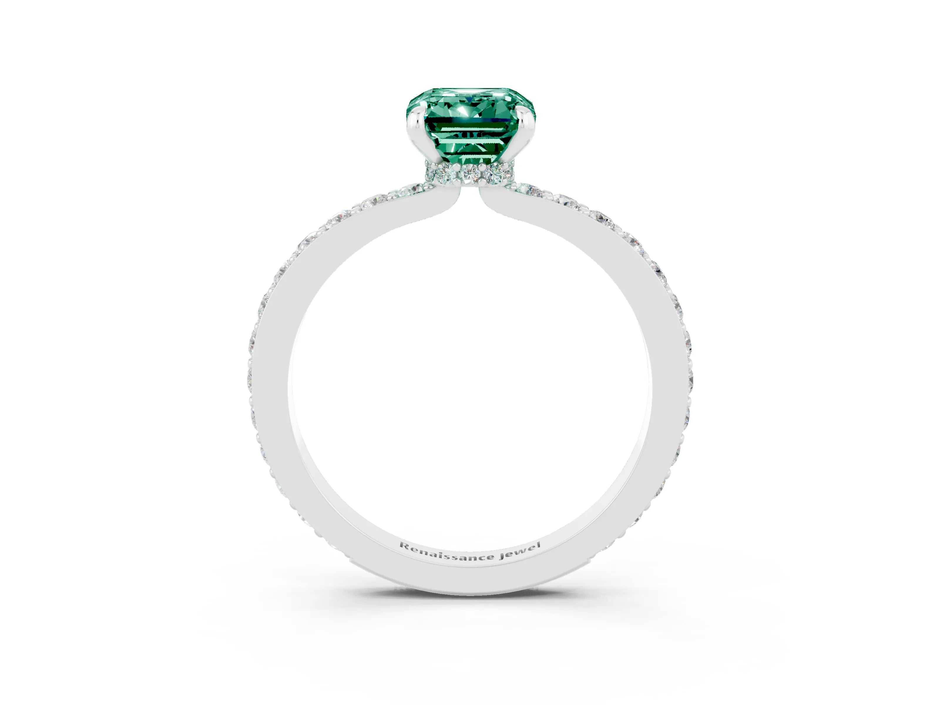 White gold Emerald Cut Green Sapphire Pavé Engagement Ring with Round  Accents and Prong Setting_27