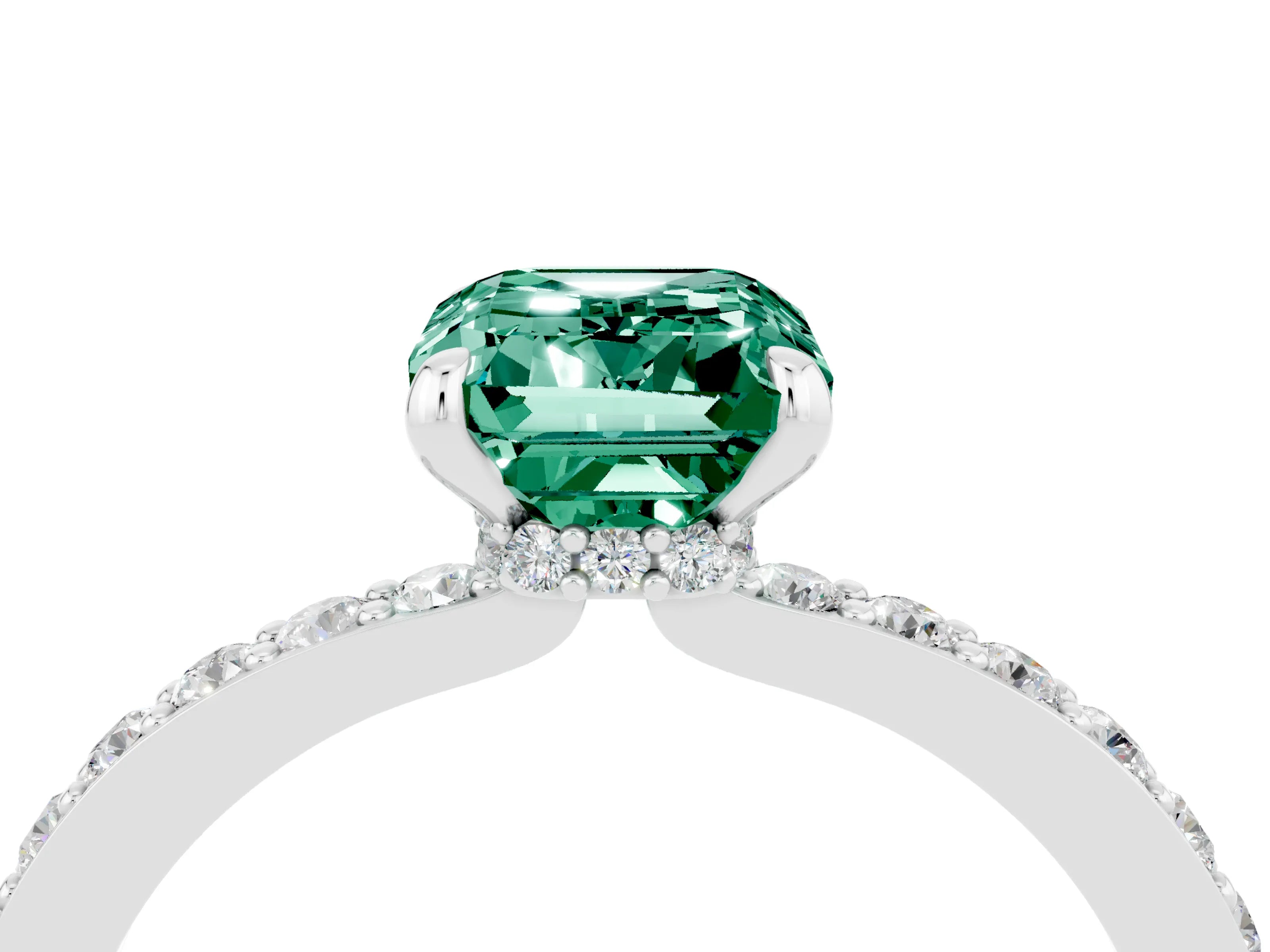 White gold Emerald Cut Green Sapphire Pavé Engagement Ring with Round  Accents and Prong Setting_28