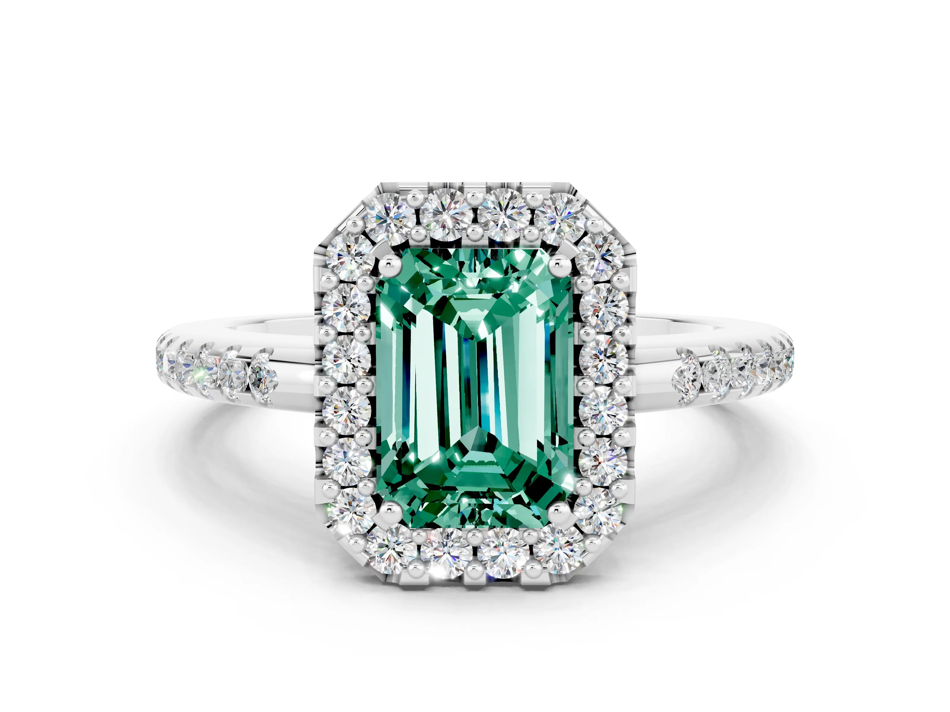 White gold Emerald Cut Green Sapphire Pavé Halo Ring with Four-Prong Setting_12