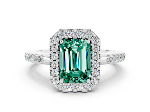 White gold Emerald Cut Green Sapphire Pavé Halo Ring with Four-Prong Setting_12