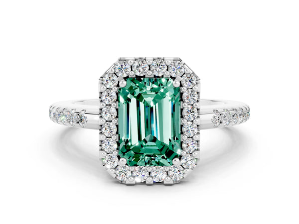 White gold Emerald Cut Green Sapphire Pavé Halo Ring with Four-Prong Setting